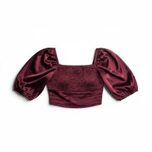 Express Conscious Edit Burgundy Satin Puff Sleeve Smocked Top Size S